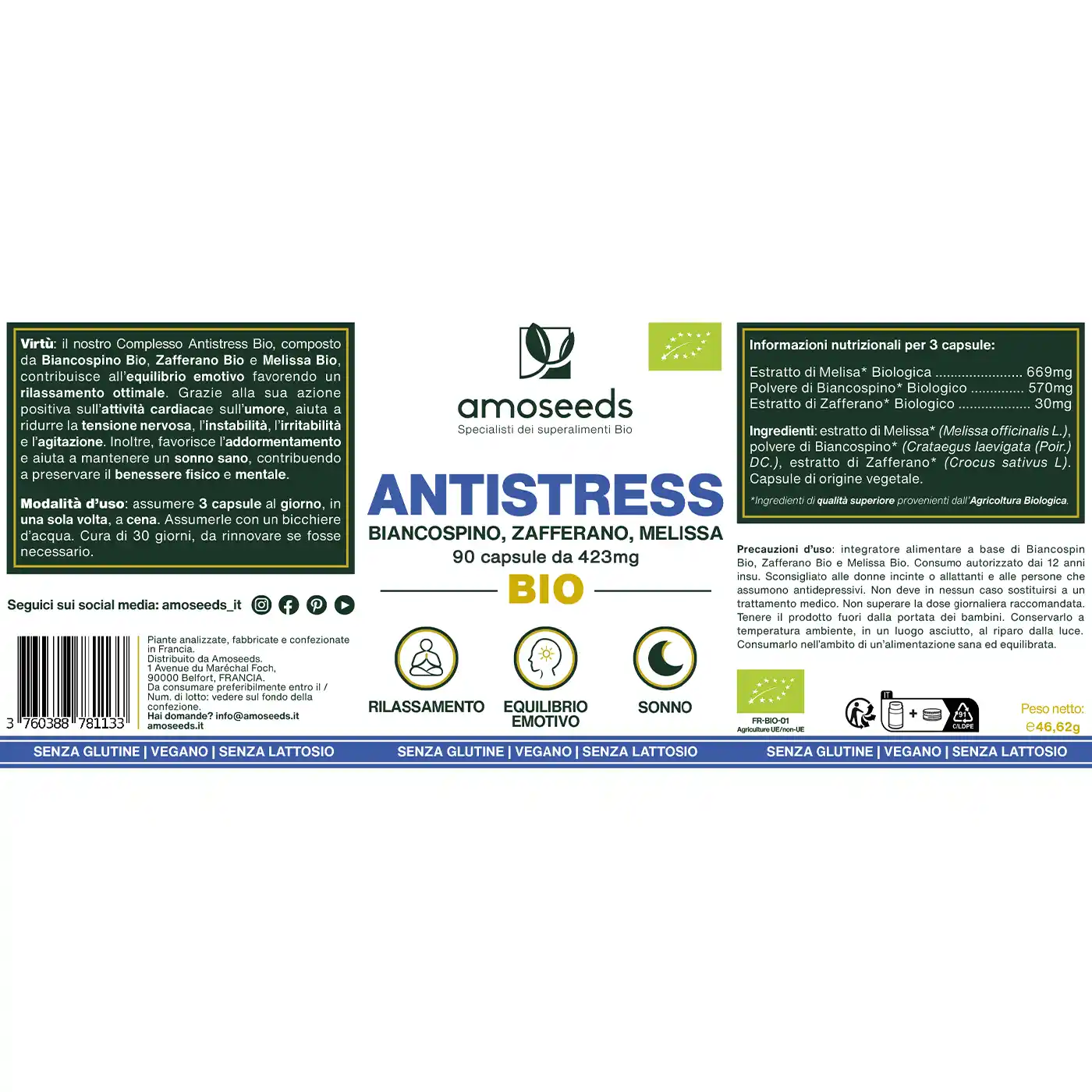 Complesso Antistress Bio, Biancospino, Zafferano, Melissa | 90 capsule - Image 6